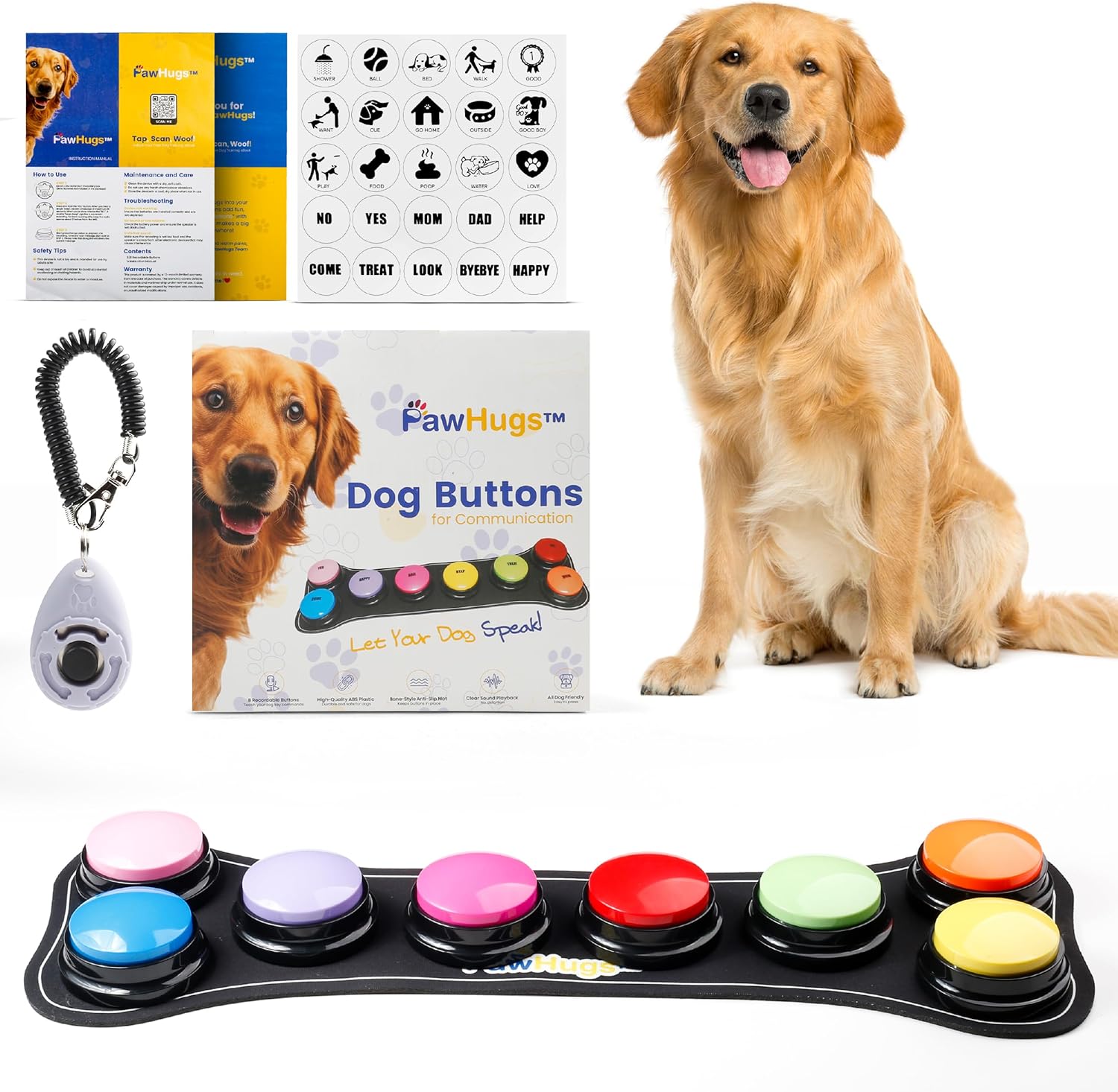 Dog Buttons for Communication with Mat & Clicker - 8-Pack