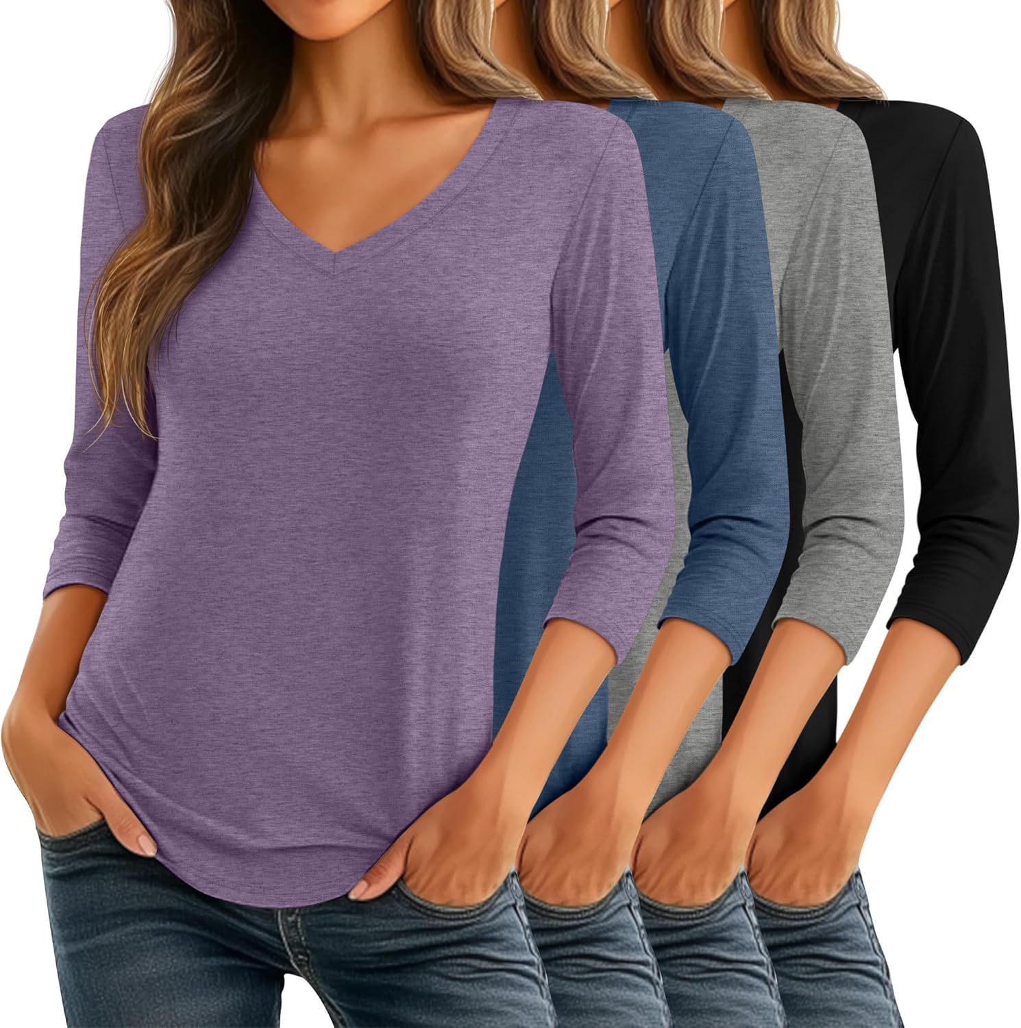 Ficerd Women's 3/4 Sleeve V Neck Casual Tunic Tops - 4 Pack