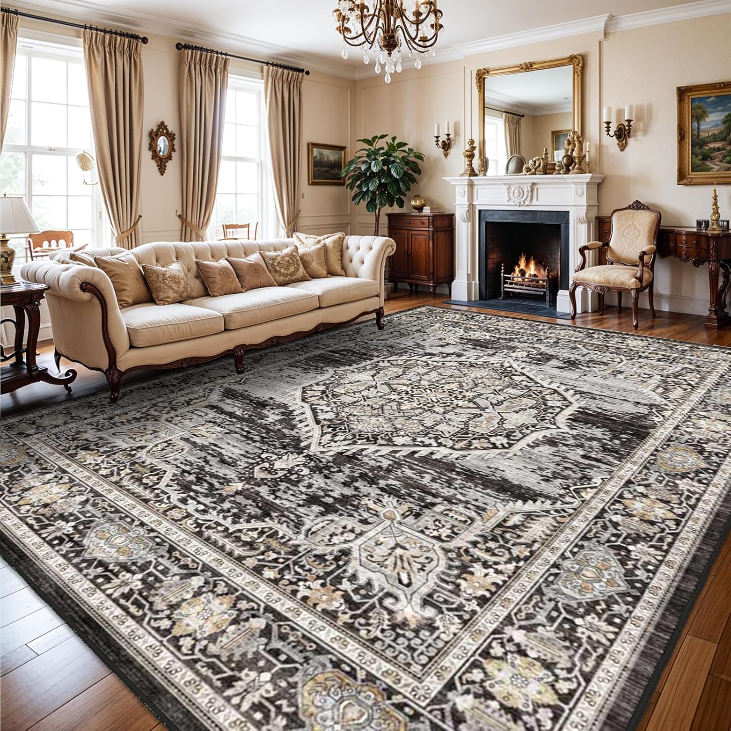 Washable 10x14 Area Rug: Soft Non-Slip Floral Carpet for Home