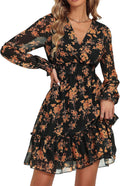 Floral Chiffon Long Sleeve Mini Wrap Dress - Flowy, Lined Comfort