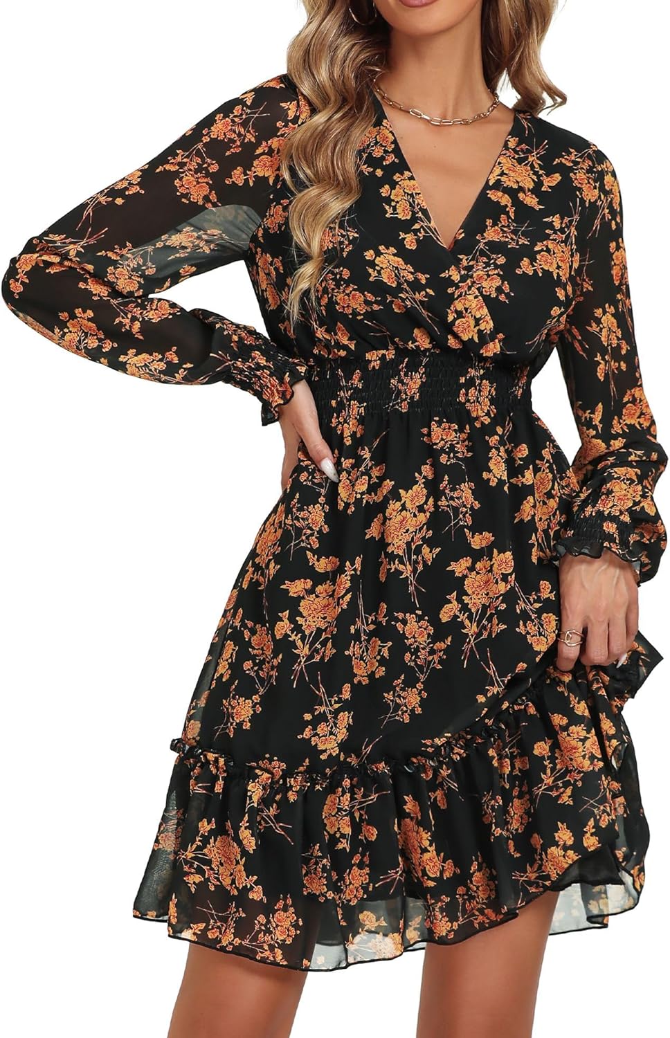 Prettywear Women's Floral Chiffon Long Sleeve Mini Dress