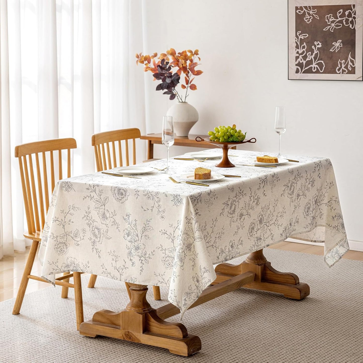 Floral Linen Table Cloth 55 x 96 inch for Rustic Home Decor