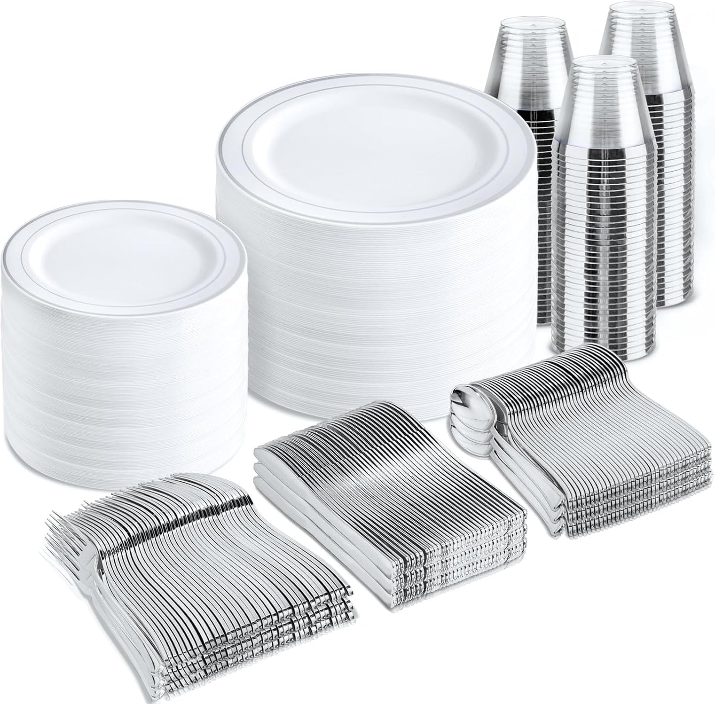 bUCLA 600pcs Silver Plastic Dinnerware Set for 100 Guests