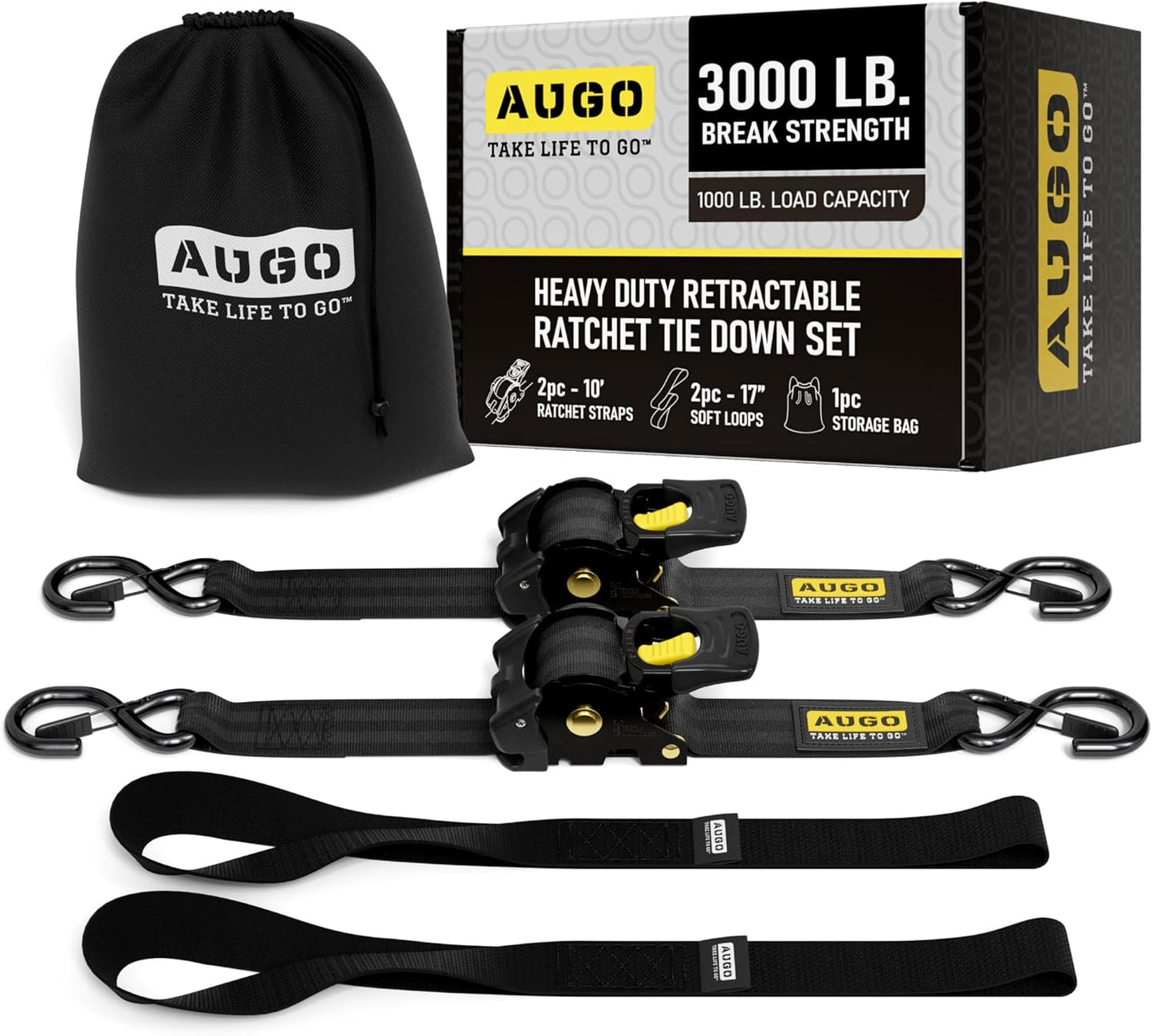 AUGO Retractable Ratchet Straps for Heavy Duty Cargo Tie Downs