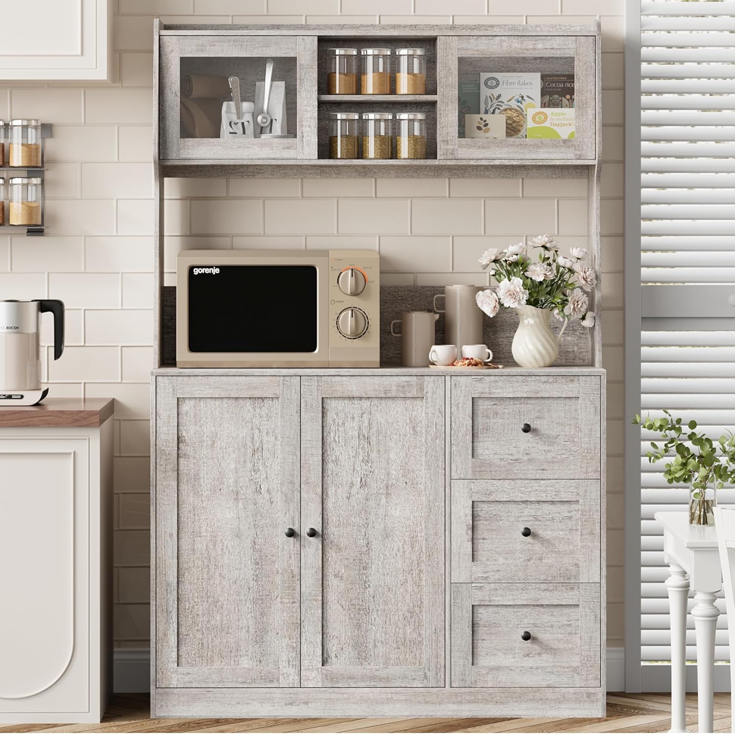 Modern Grey Kitchen Pantry Cabinet with LED Lights