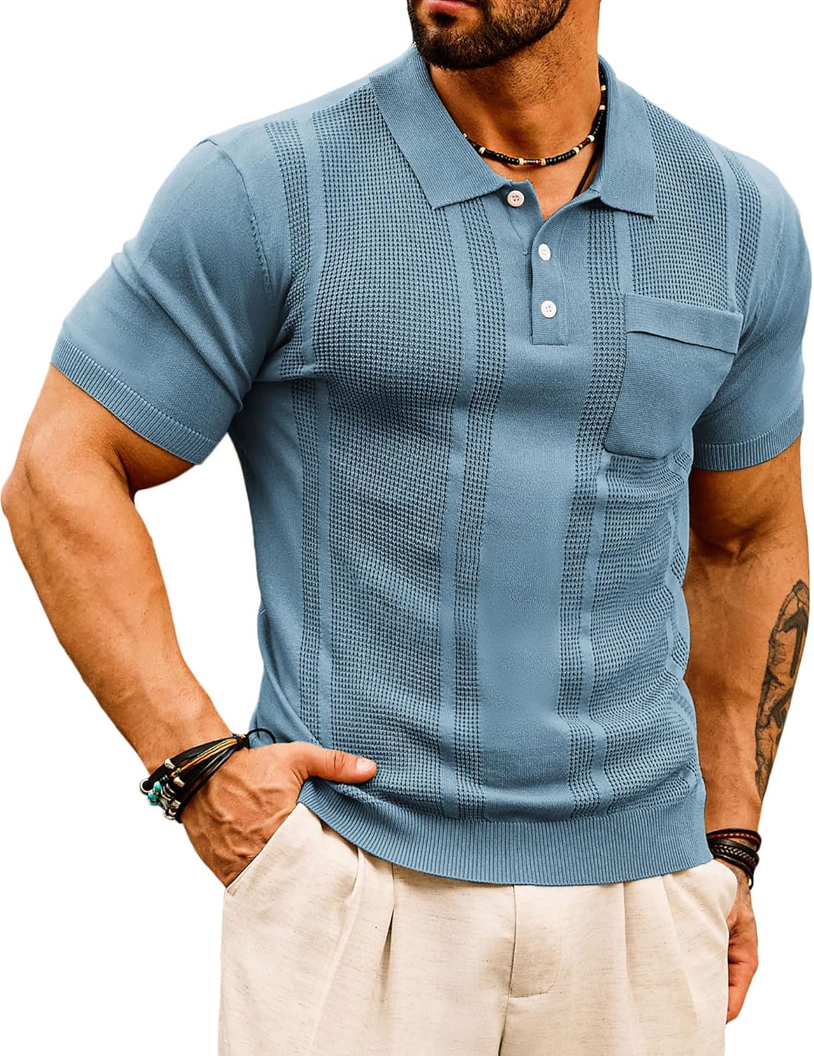 Mens Knit Polo Shirts with Waffle Texture for Casual Style
