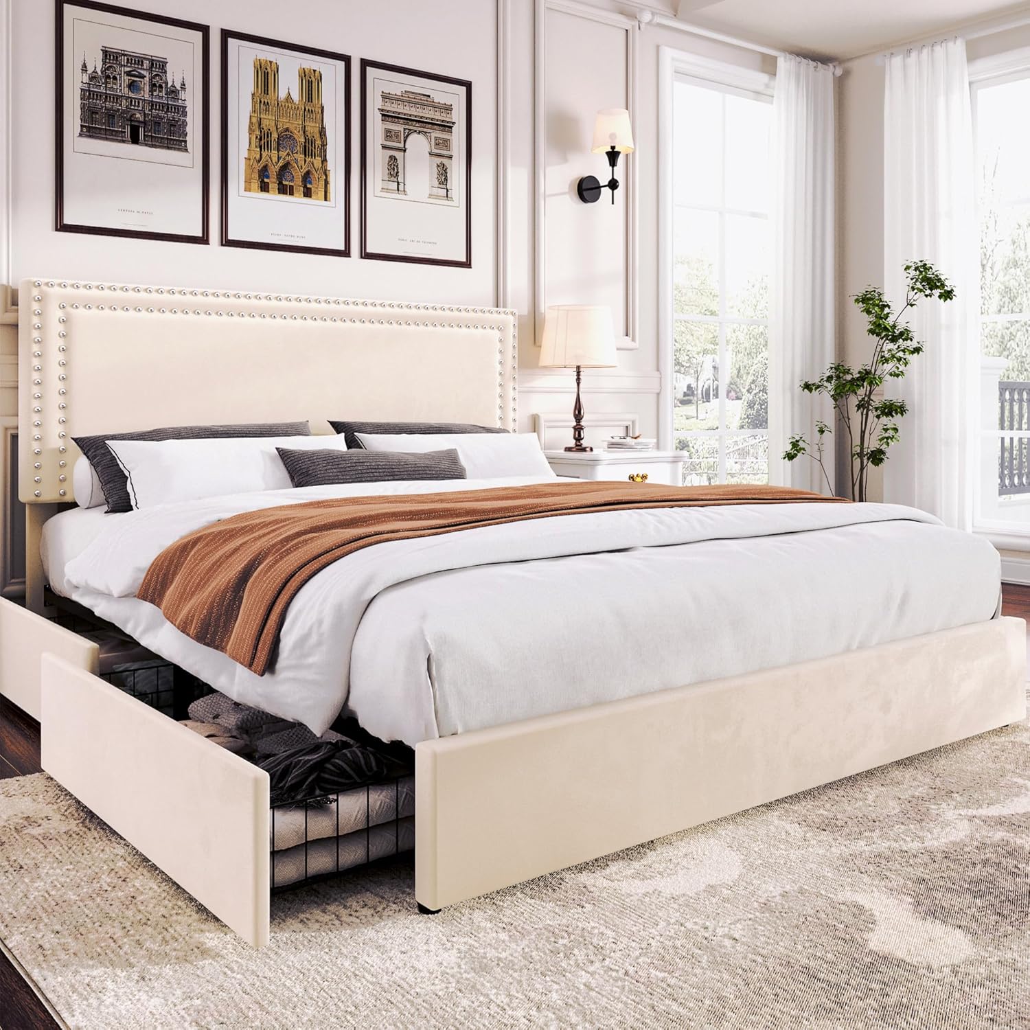 Stylish King Size Upholstered Platform Bed Frame with Storage