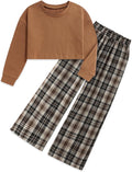 Girls Clothes Solid Long Sleeve Tops Plaid Wide Leg Pants with Pockets