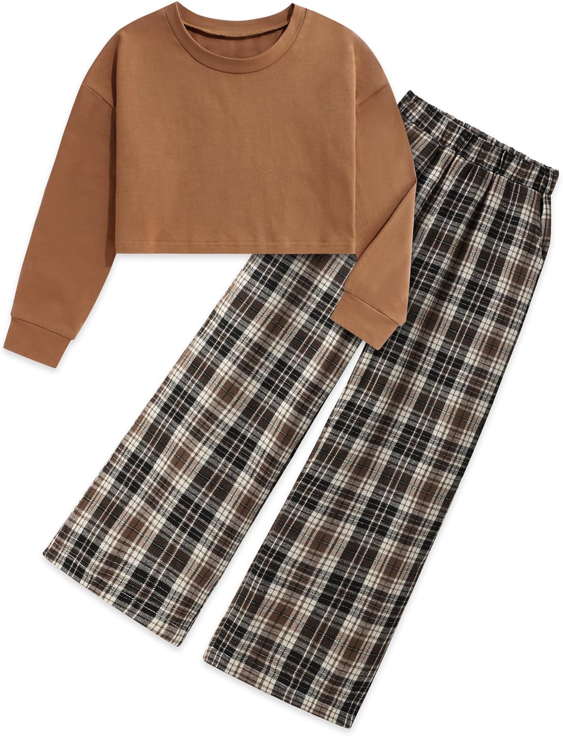 Girls Clothes Solid Long Sleeve Tops and Plaid Pants Set