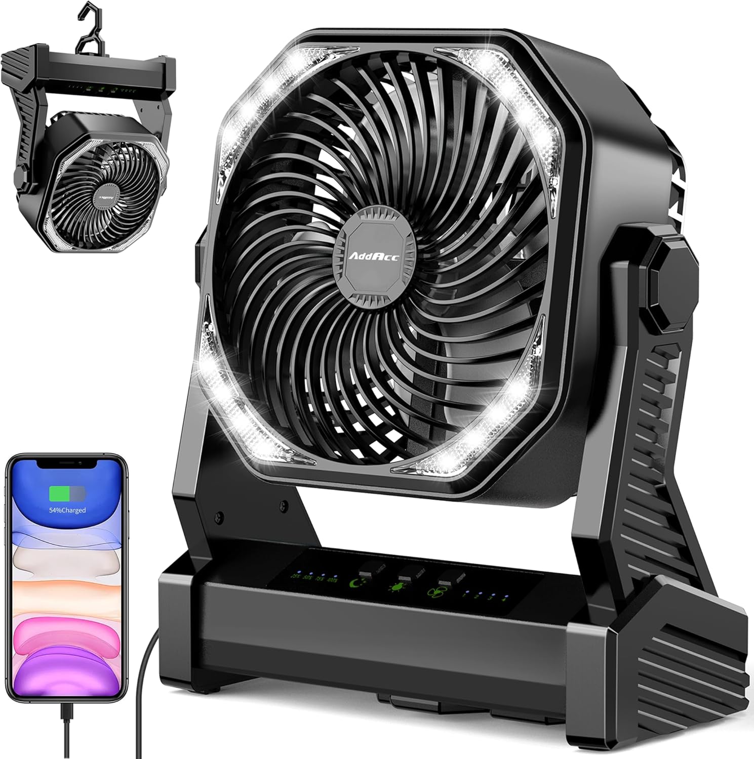 20000mAh Camping Fan with 360 Rotatable Hook and Bright Light