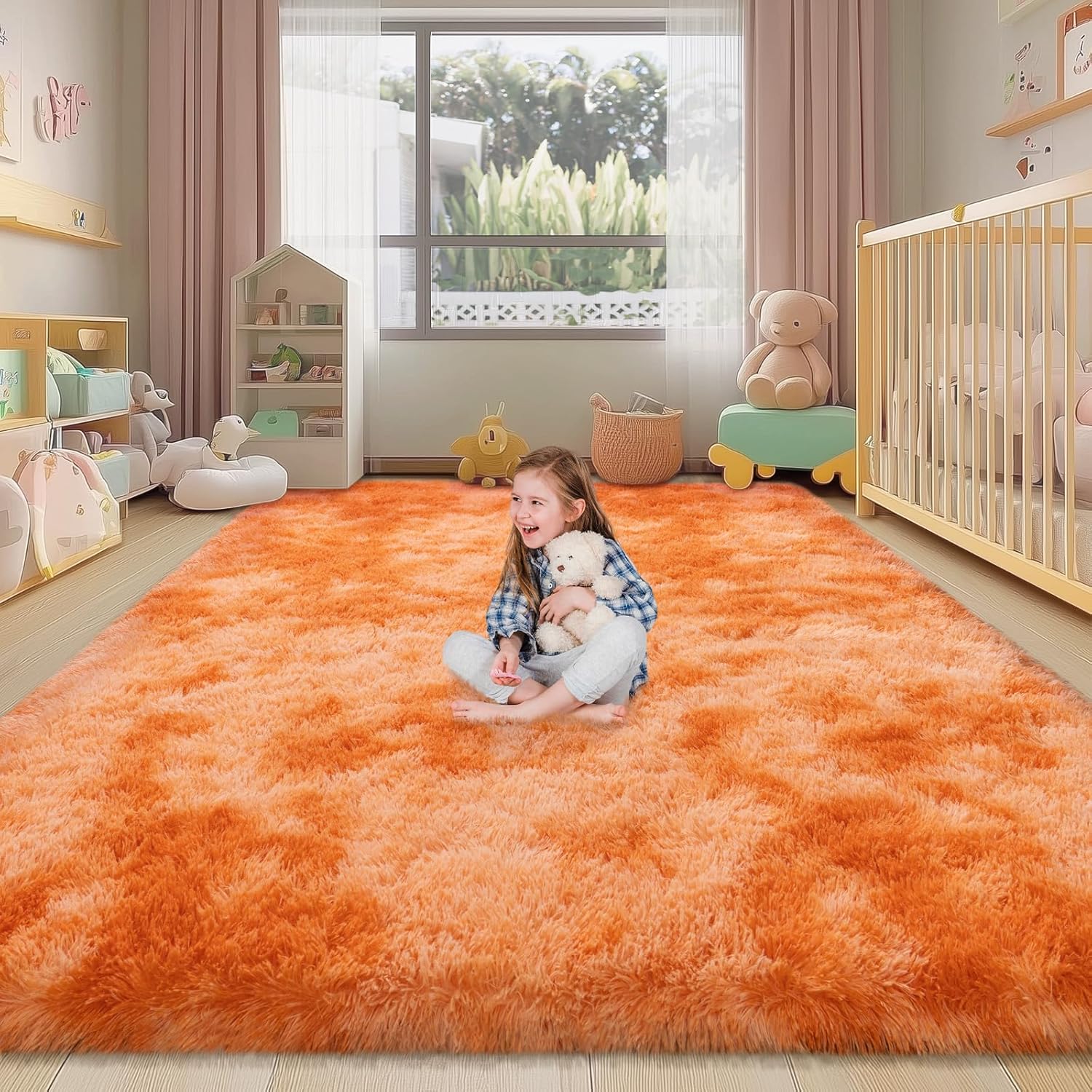 Kids Rugs for Bedroom, 5x7 Fluffy Shaggy Orange Tie Dye Rug