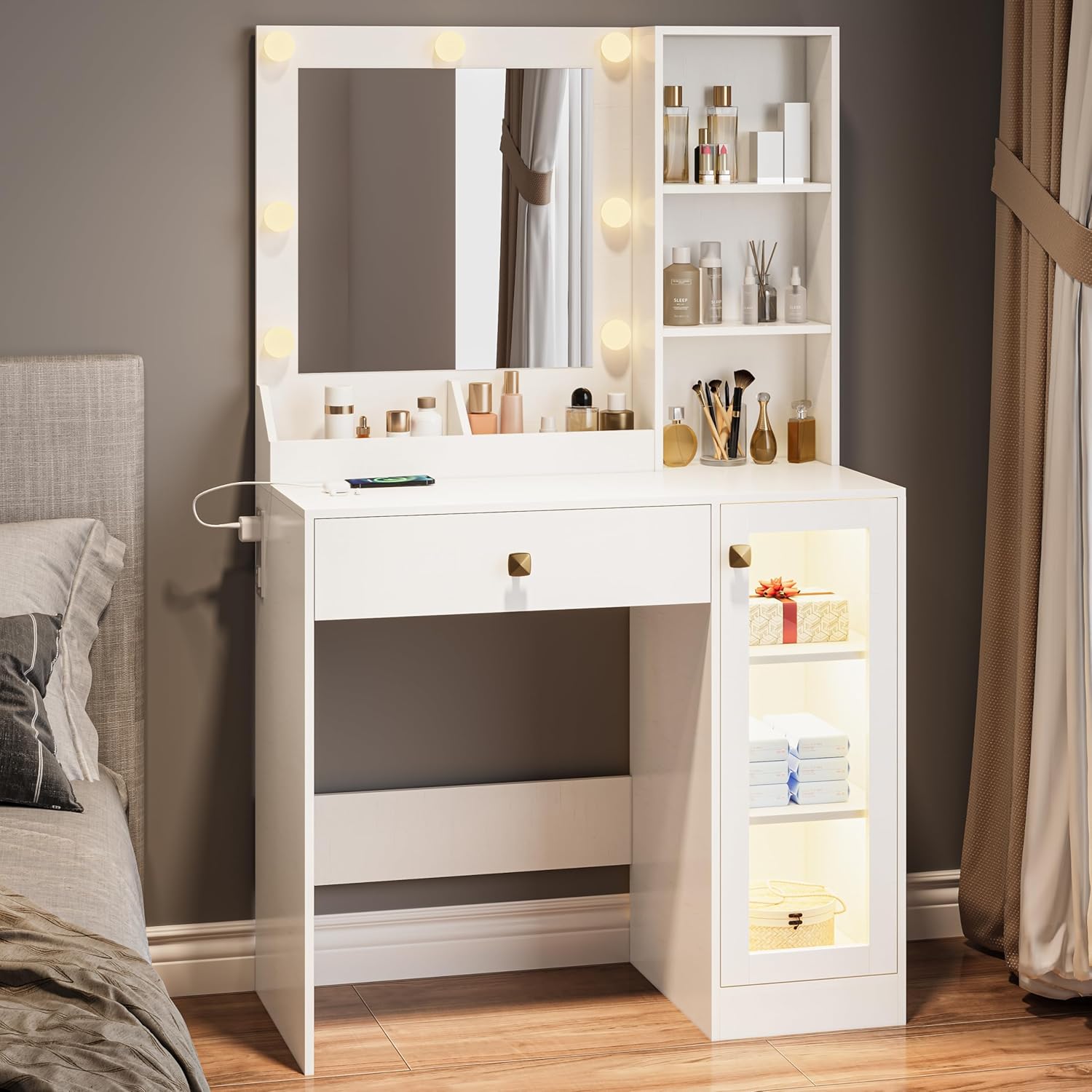 Vanity Desk: Mirror, Lights, Charging Station, RGB Storage - Thacuok