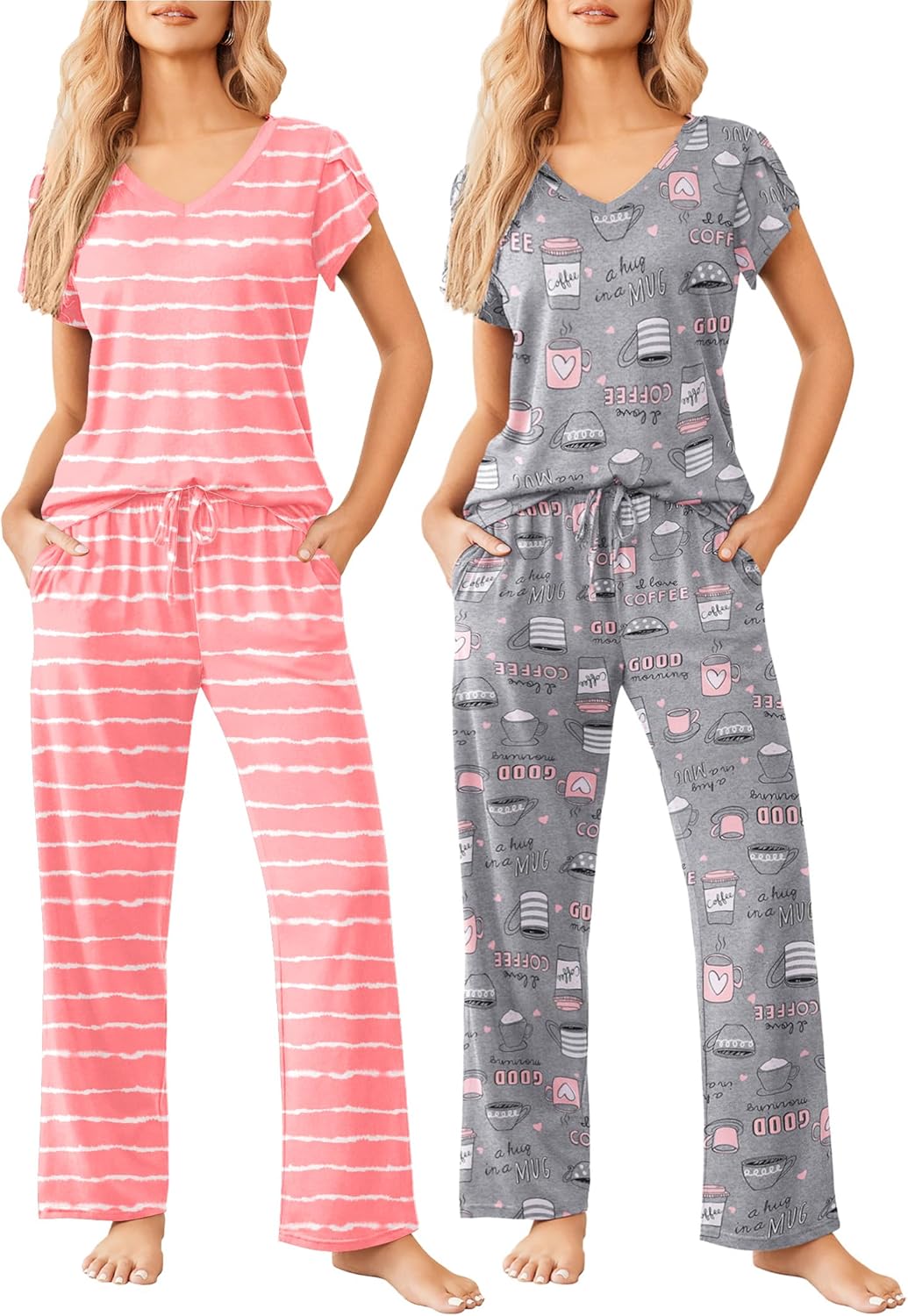 Ekouaer 2 Pack Womens Pajamas Short Sleeve Sleepwear Set