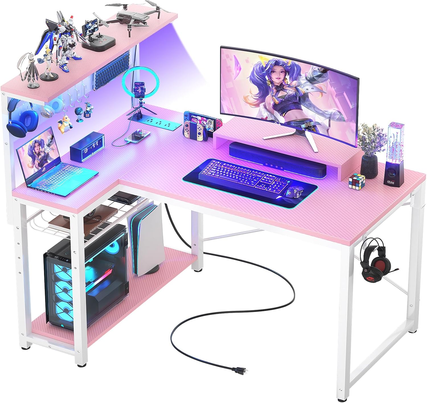 Homieasy Small Gaming Desk with LED Light and Power Outlets