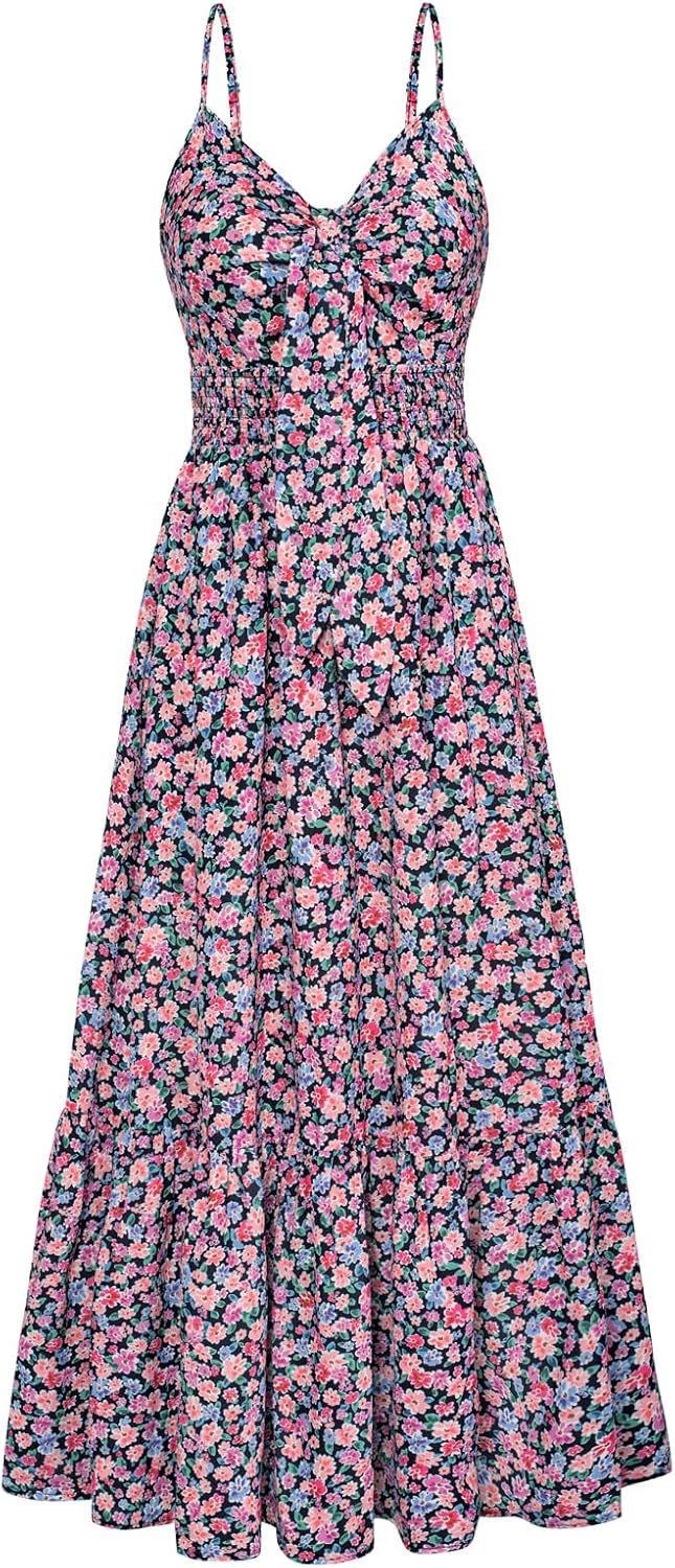 Summer Maxi Dress Floral Tie Front Casual Boho Beach Sundress