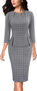 VFSHOW Womens Pleated Crew Neck Peplum Pencil Sheath Dress - Work