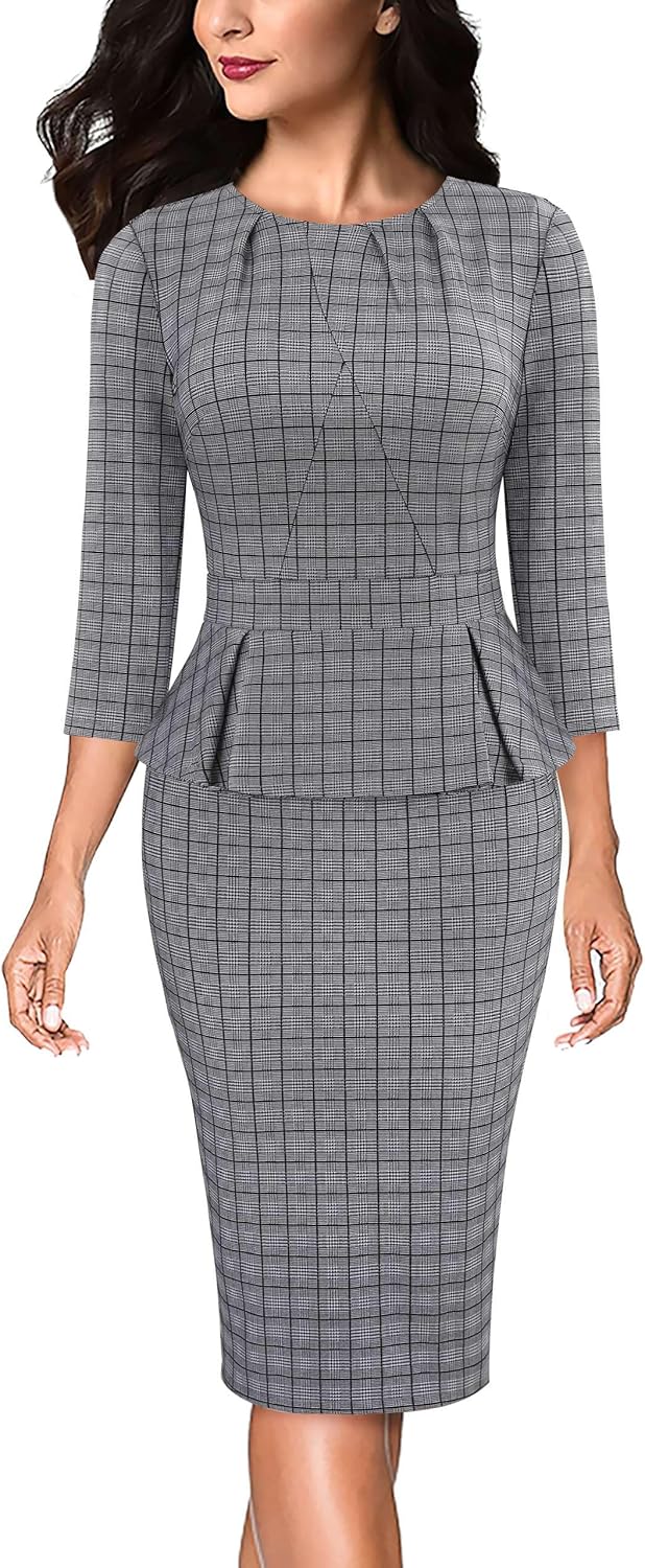VFSHOW Womens Pleated Crew Neck Peplum Dress for Office Style