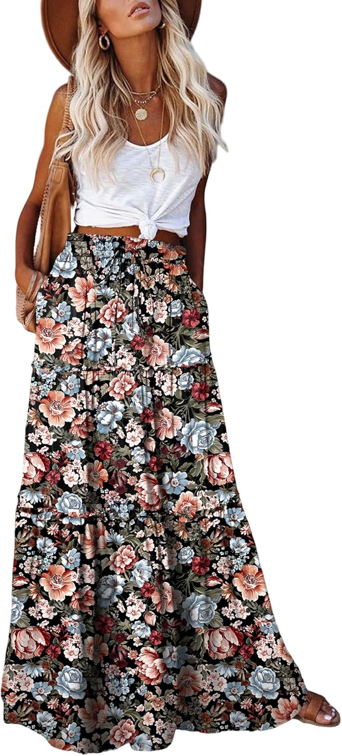 EARKOHA Womens Casual High Waist Tie Maxi Skirt with Pockets