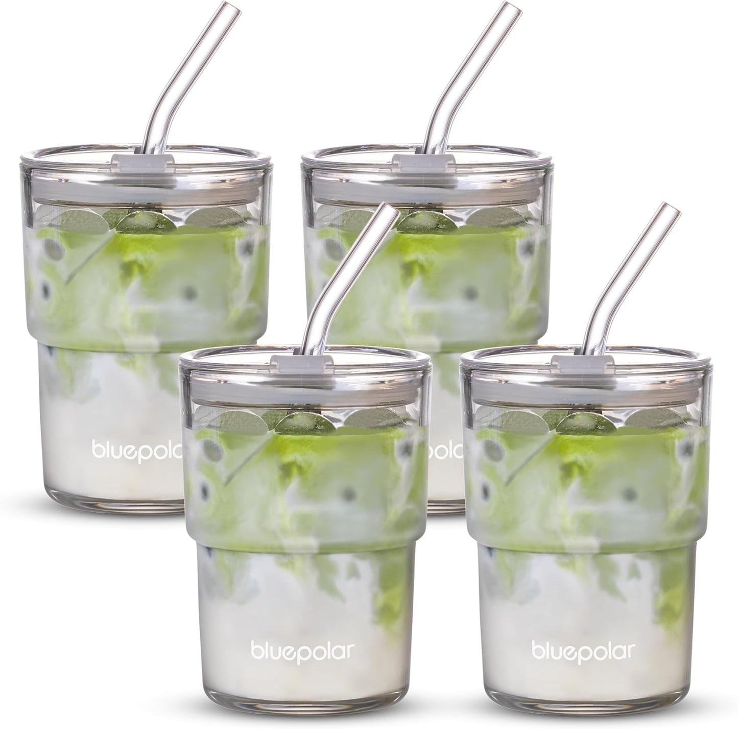 BLUEPOLAR 13oz Glass Water Tumbler with Straw and Lid - 4 Pack