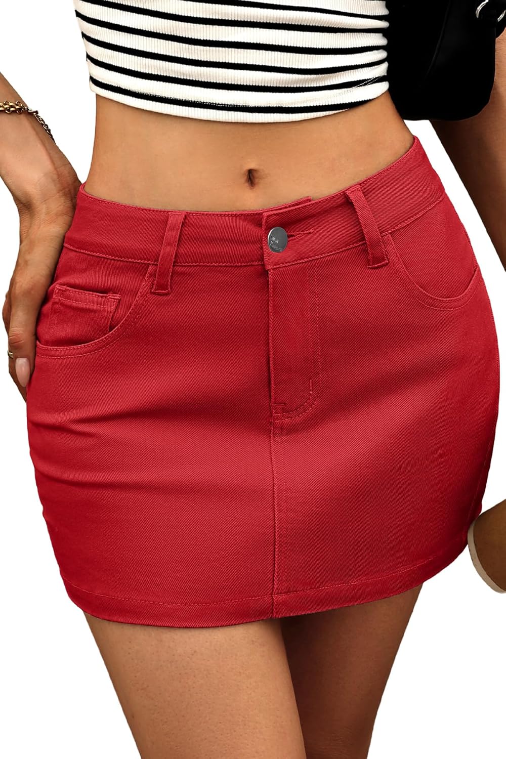 ELLEVEN Stretchy Mini Jean Skirt for Women with Pockets