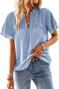 Womens V Neck Butterfly Sleeve Blouses - Dressy Casual Swiss Dot