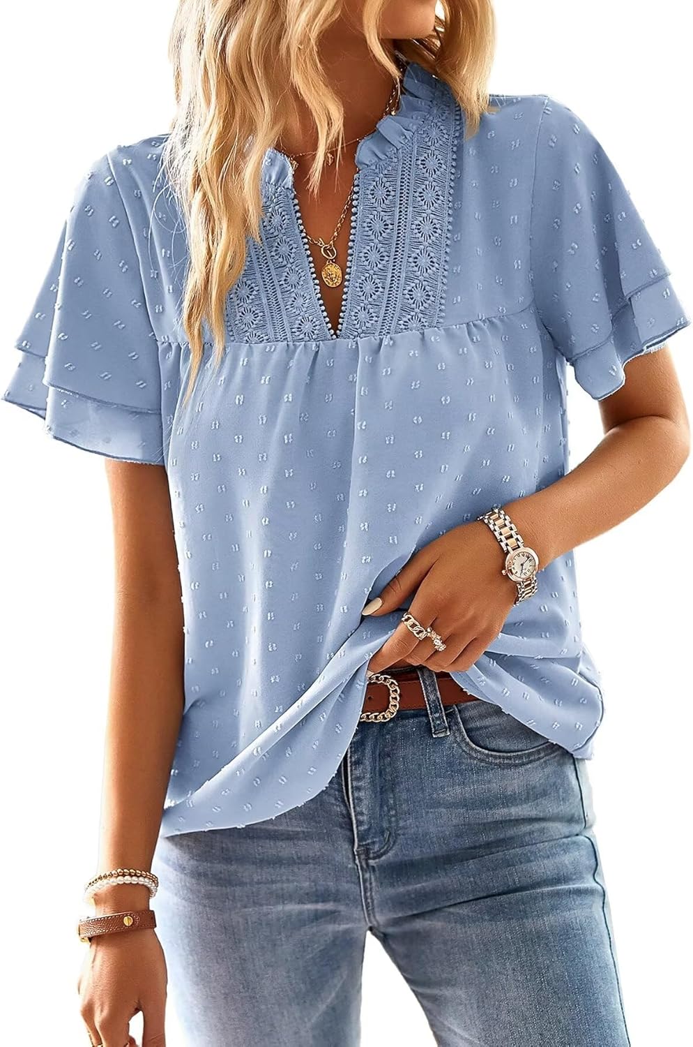 Womens Tops Butterfly Sleeve V Neck Blouses for Dressy Casual