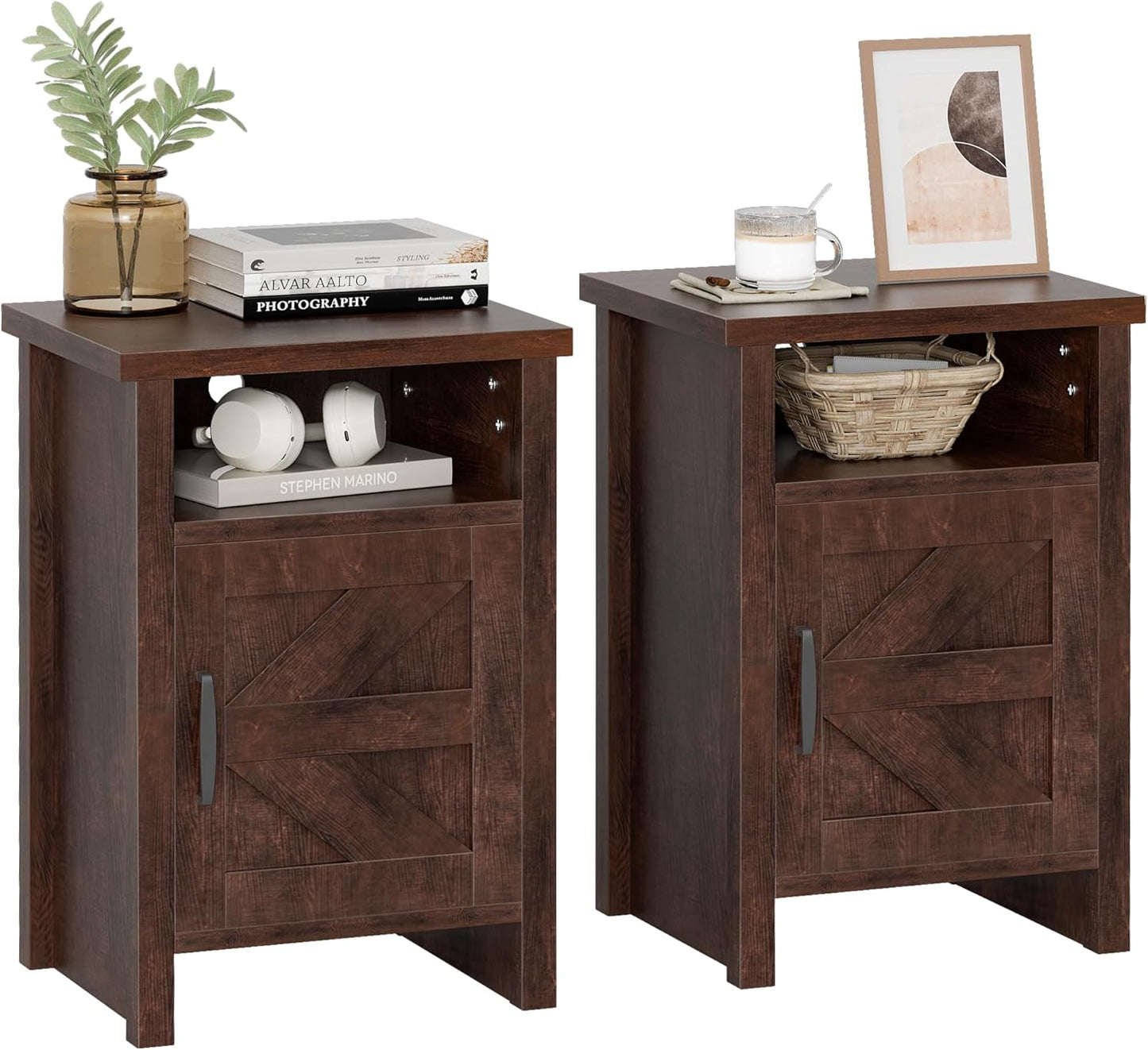 Farmhouse Modern Nightstand Set of 2 with Barn Door Design