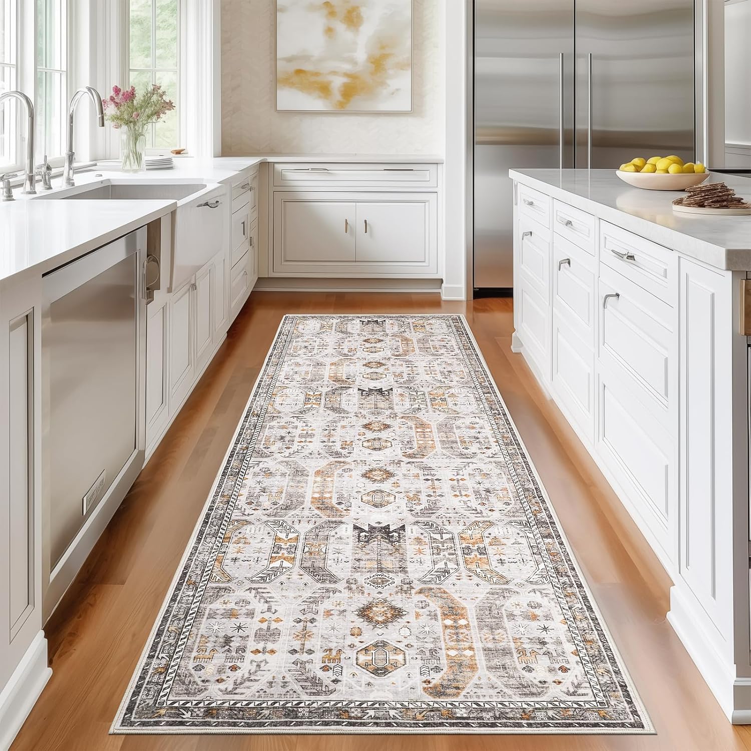 Madane Runner Rug 2ft 6in'x8ft Vintage Washable Non-Slip Design
