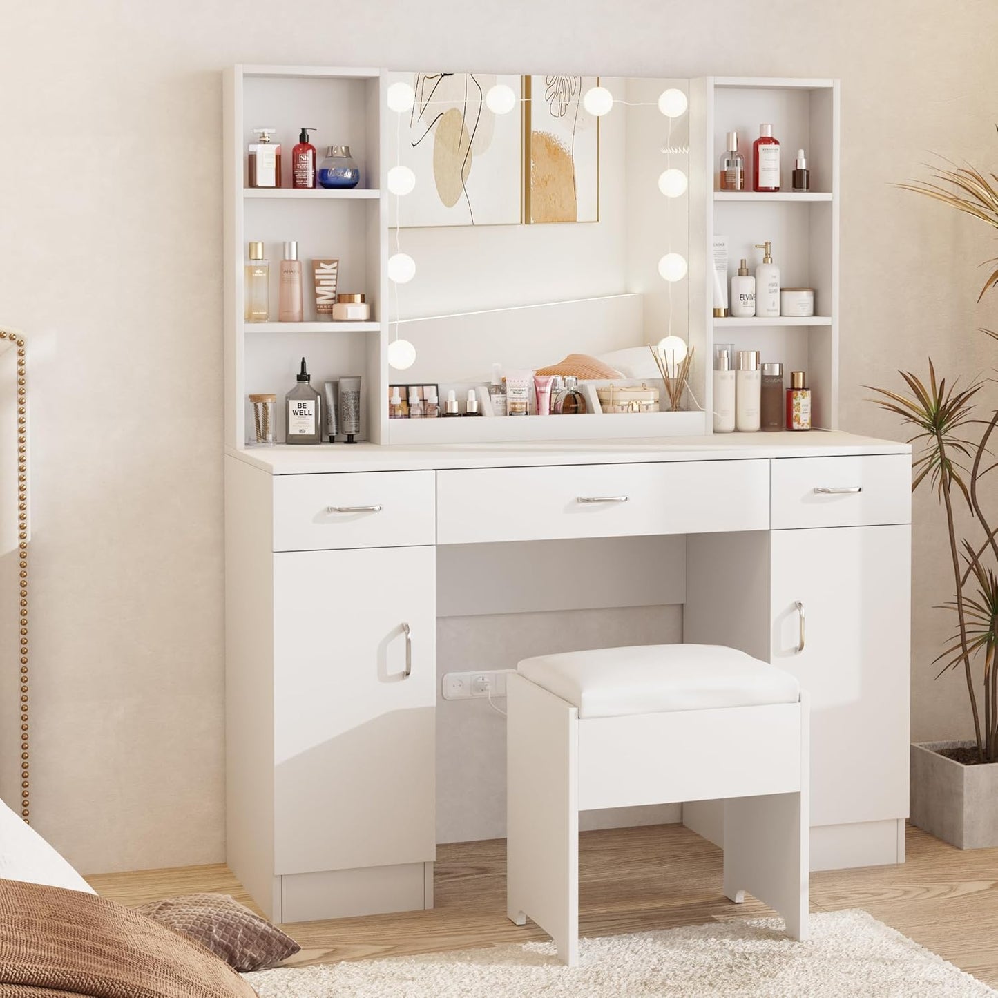 45 White Vanity Desk w/ Lights & Storage