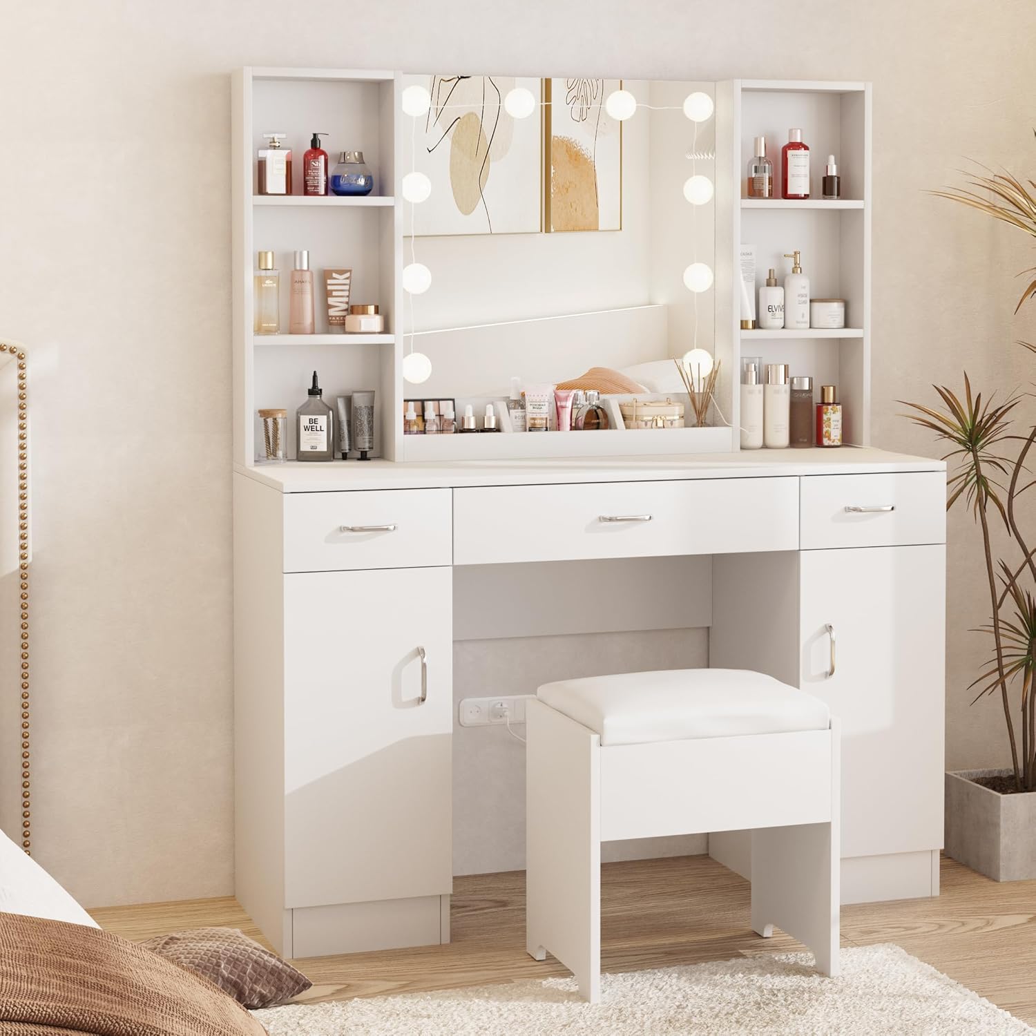 45 White Vanity Desk w/ Lights & Storage