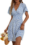 Womens Floral Wrap Sundress - Flowy A-Line Above Knee Dress