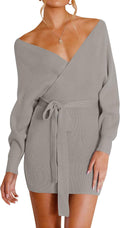 ZESICA Women's Fall Long Batwing Sleeve Wrap V Neck Knitted Dress 8-10
