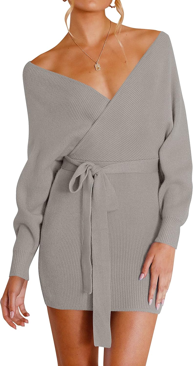 ZESICA Women's Fall Long Batwing Sleeve Wrap V Neck Dress
