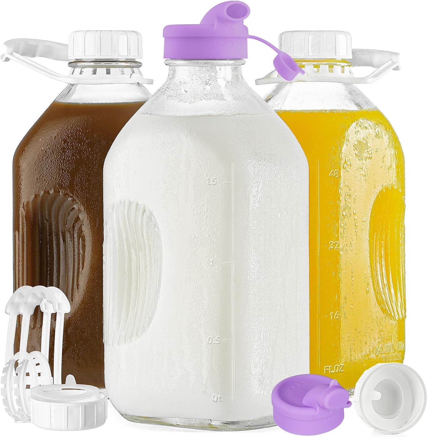 64 Oz Heavy Duty Glass Milk Bottle with Silicone Spouts and Lids