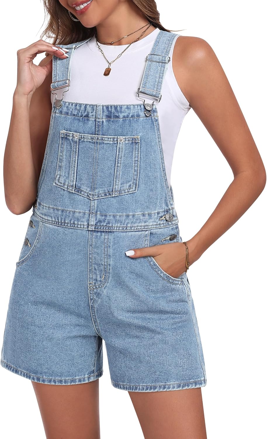 Denim Overall Shorts for Women Casual Adjustable Straps Bib