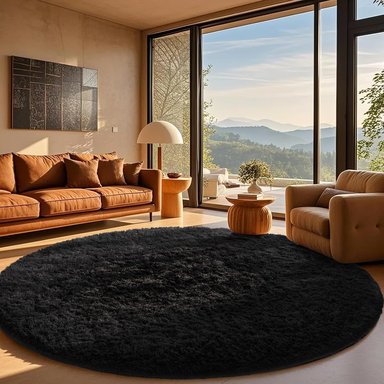 Ophanie Round Rug 8Ft Black Circle Area Rug for Cozy Spaces