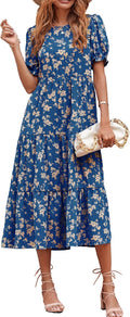Women's Summer Floral Boho Midi Sun Dress - Puff Sleeve Midi