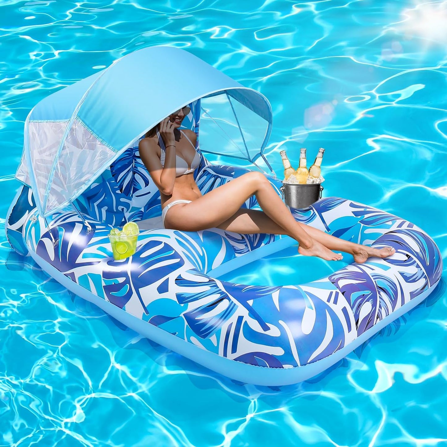 Extra Large Inflatable Pool Float with Canopy for Adults