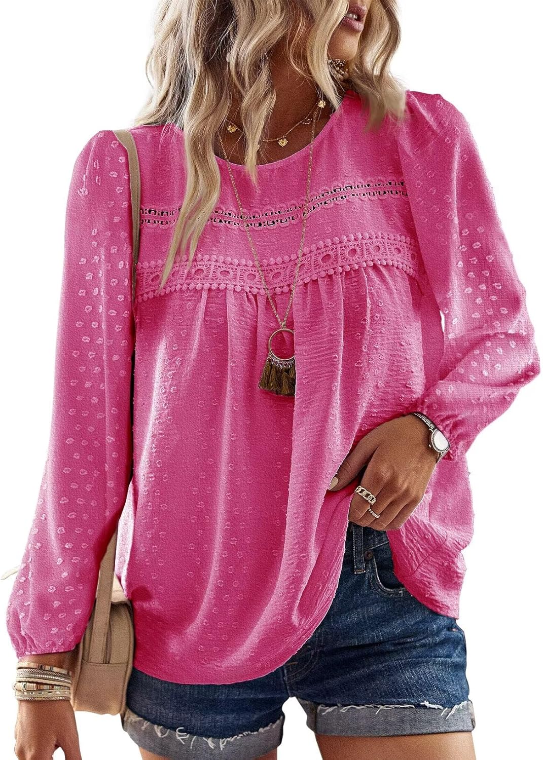 Womens Fall Tops Crewneck Long Sleeve Casual Chiffon Blouses