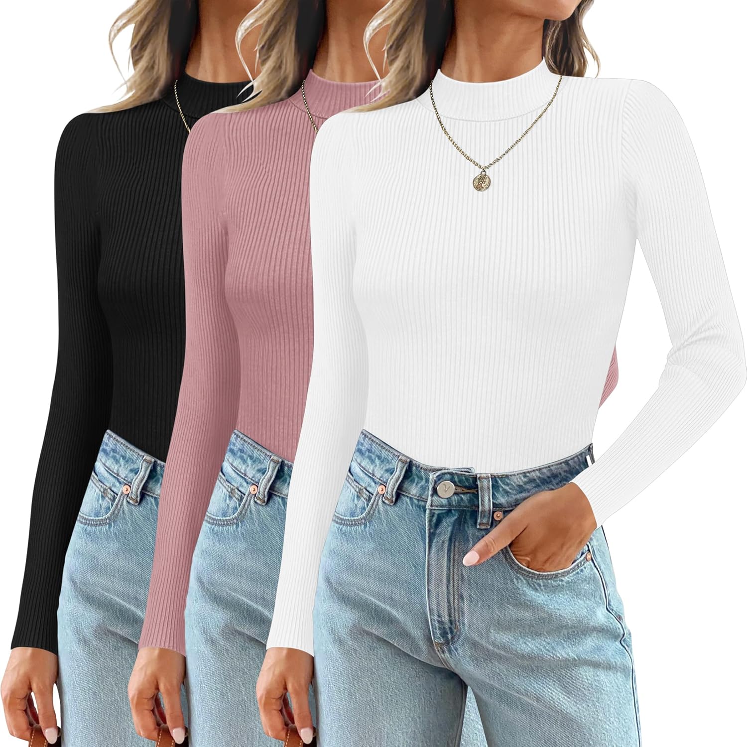 Ekouaer 3 Pack Mock Turtlenecks for Women Long Sleeve Tops