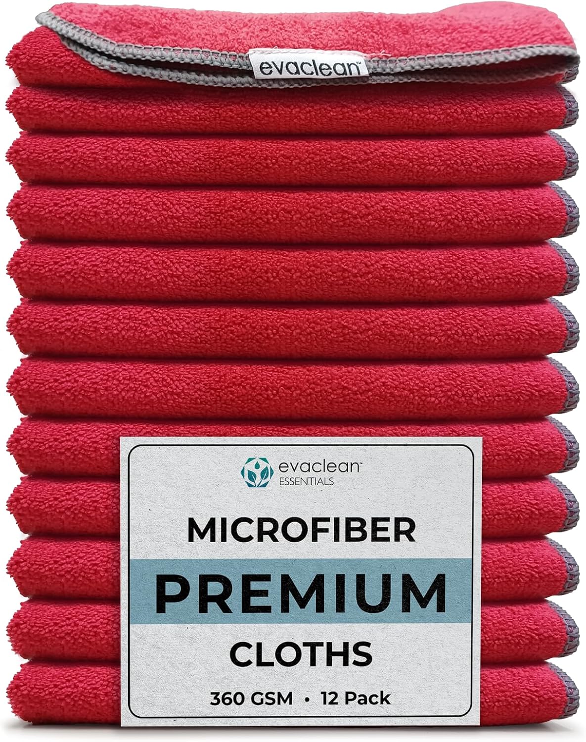 12-Pack EvaClean Red Microfiber Cloths - Reusable, Non-Scratch, High Absorbency