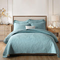 King Size Blue Palm Leaves Quilt Set - Soft Cotton Coverlet