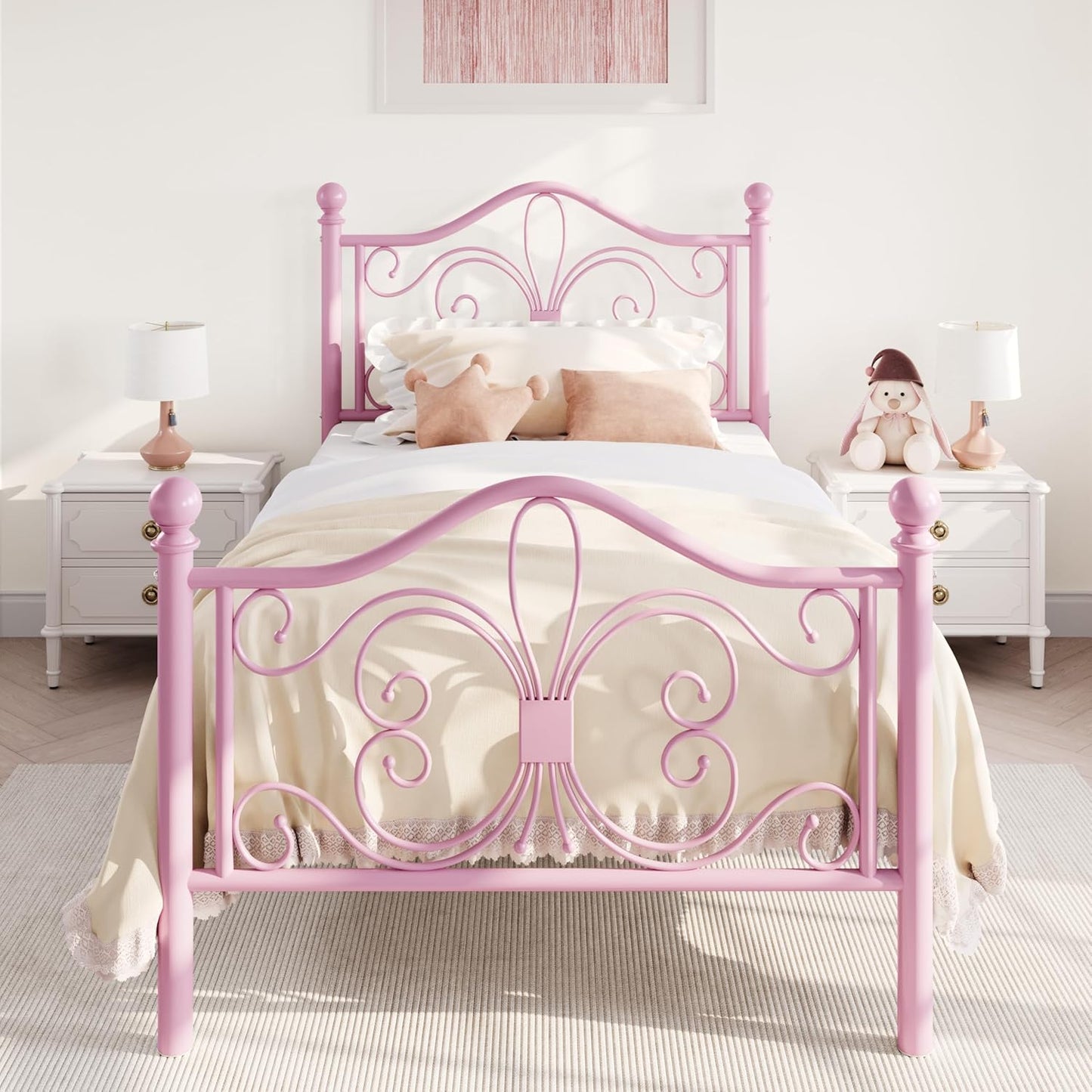 Twin Size Bed Frame for Kids with Butterfly Design in Pink