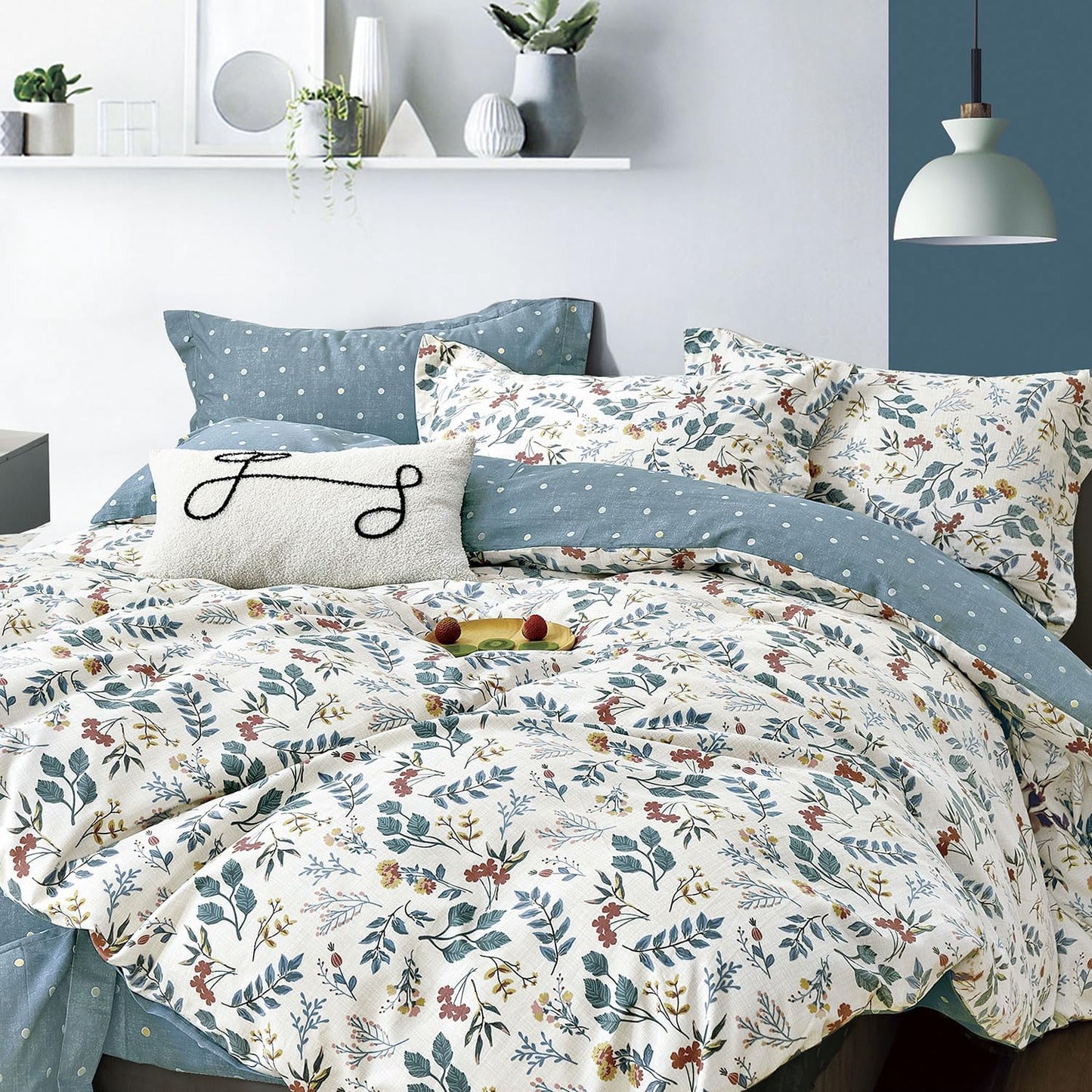 Botanical Cotton Comforter Queen Size - Lake Green Reversible Set