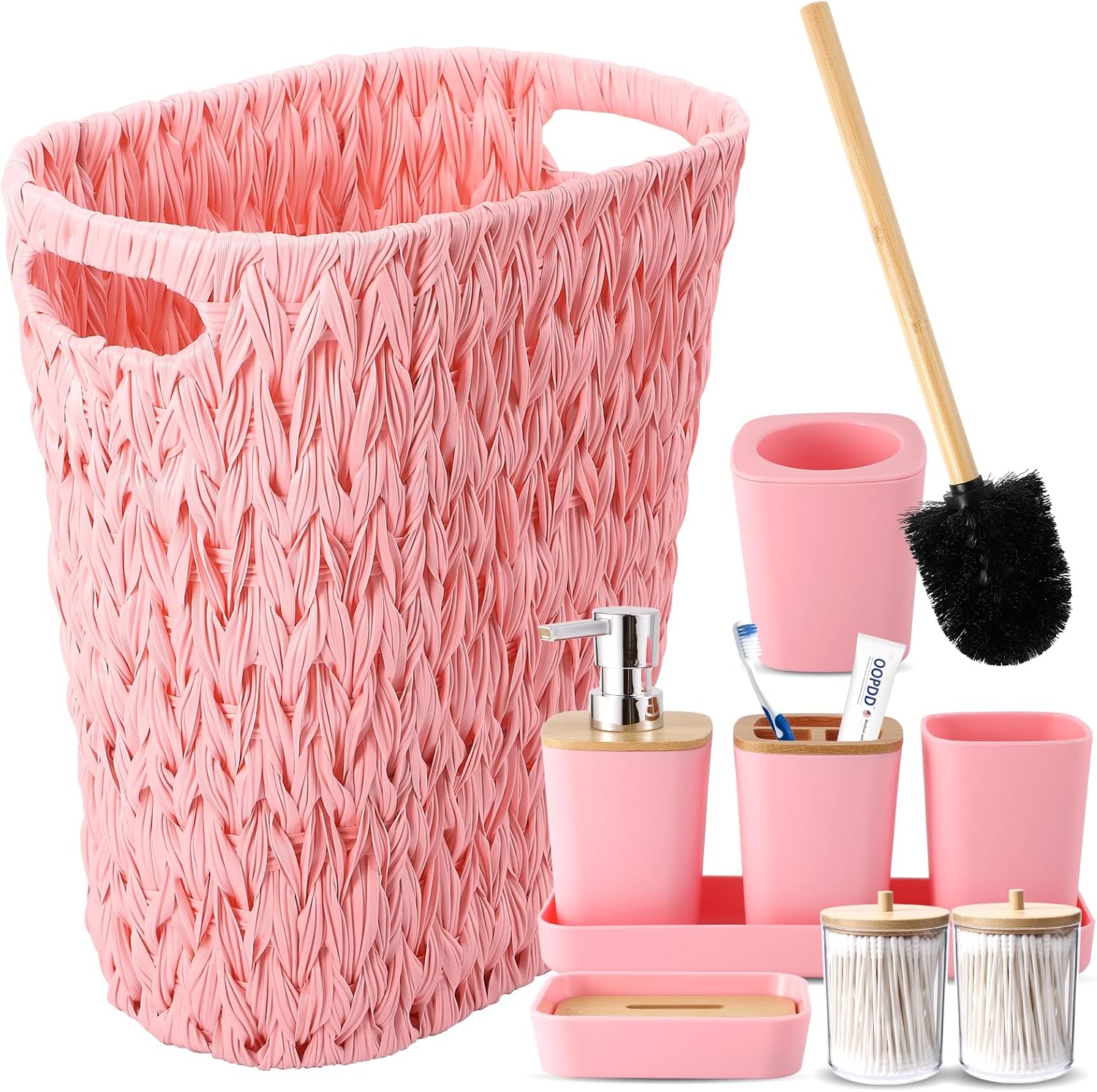 Pink Bathroom Accessories Set with Wicker Trash Can for Home