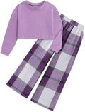 Girls Clothes Solid Long Sleeve Tops Plaid Wide Leg Pants Set - Back