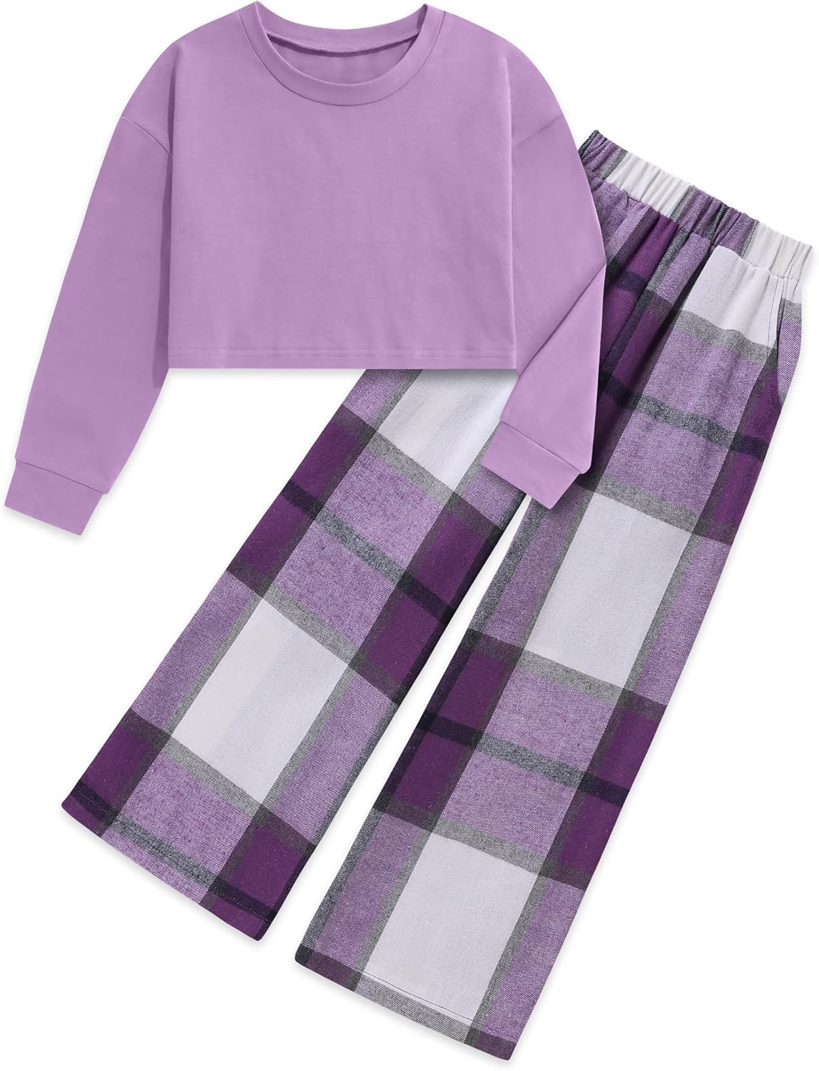 Girls Clothes Solid Long Sleeve Tops and Plaid Wide Leg Pants