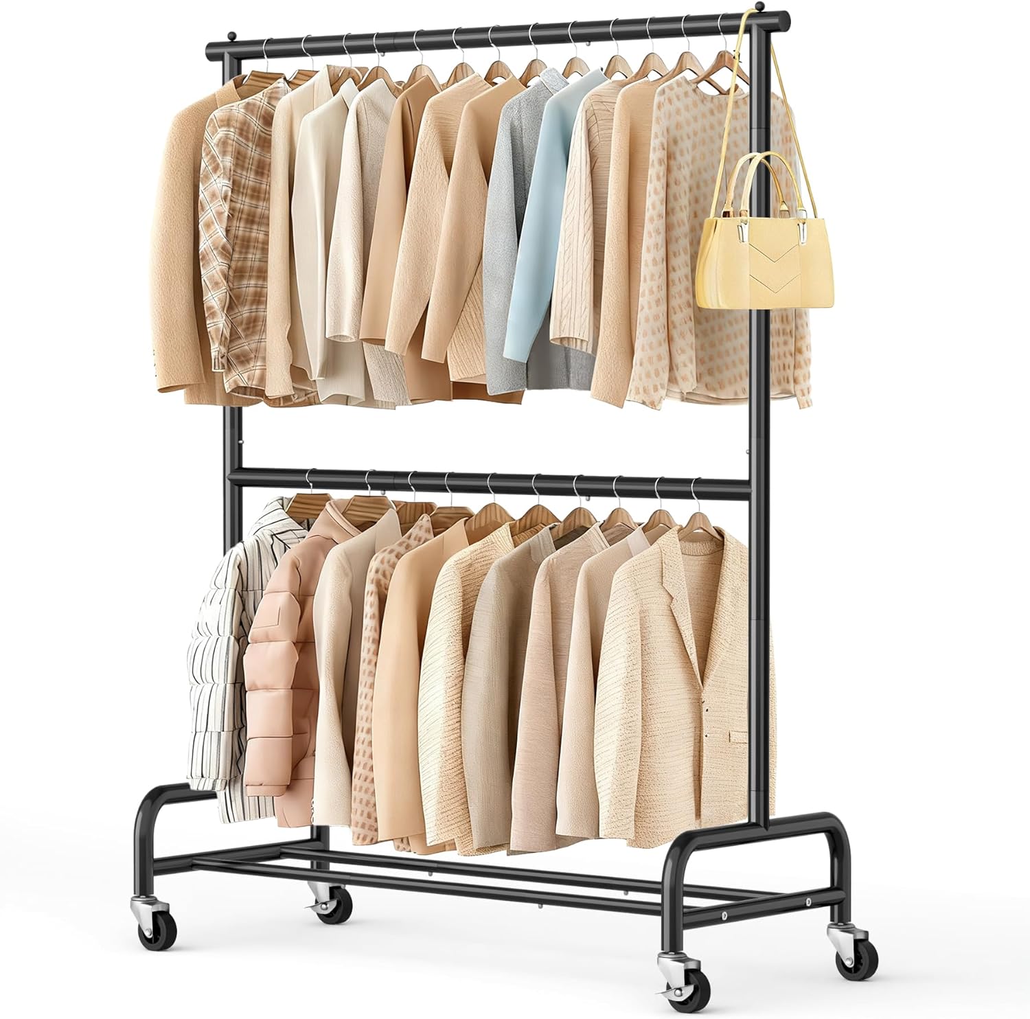 Heavy Duty Double Rod Clothes Rack with Wheels for Easy Storage