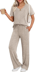 Ekouaer Womens Ribbed Knit Lounge Set Short Sleeve Top and Pants Piece