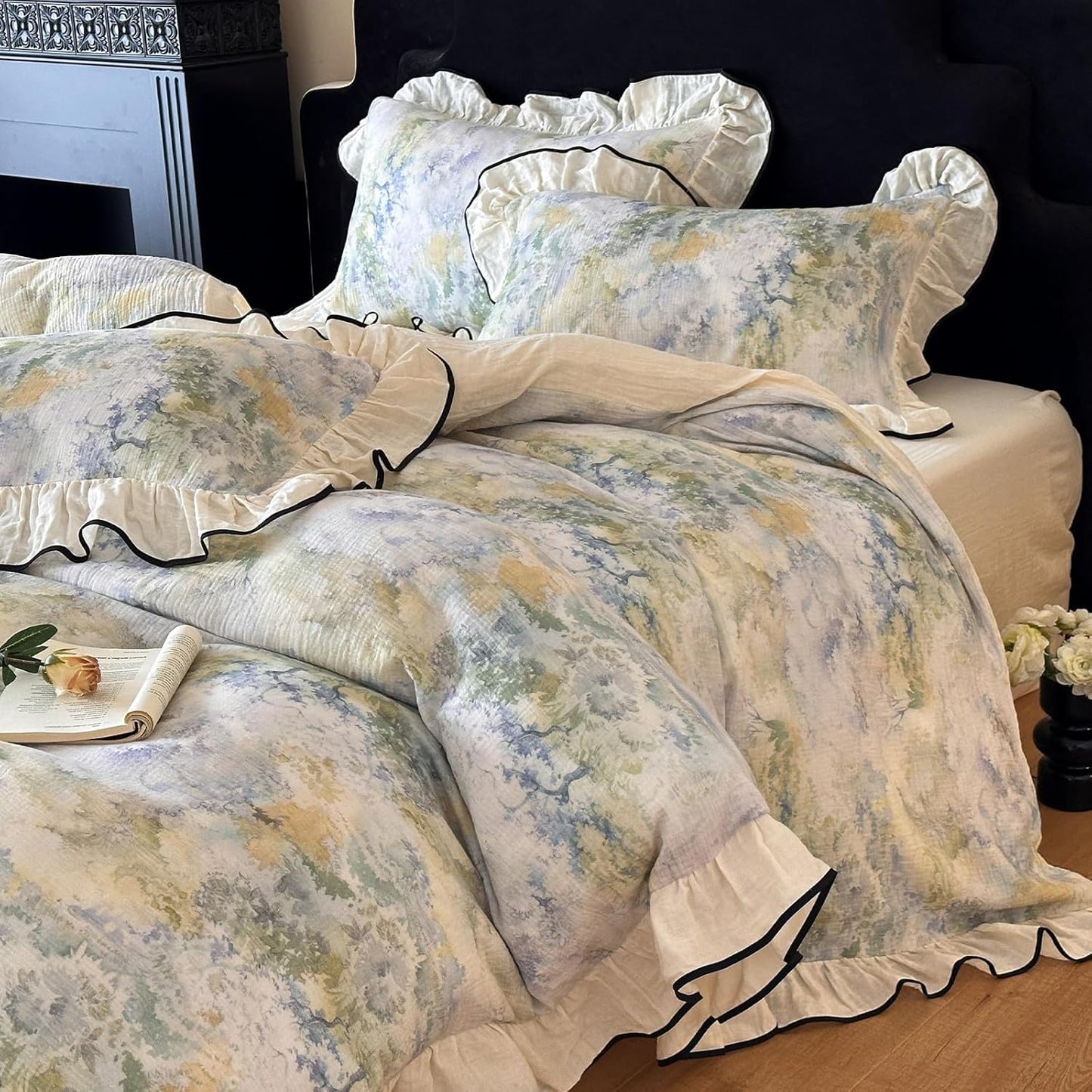 Muslin Cotton Duvet Cover Set King with Ruffles and Zip Closure